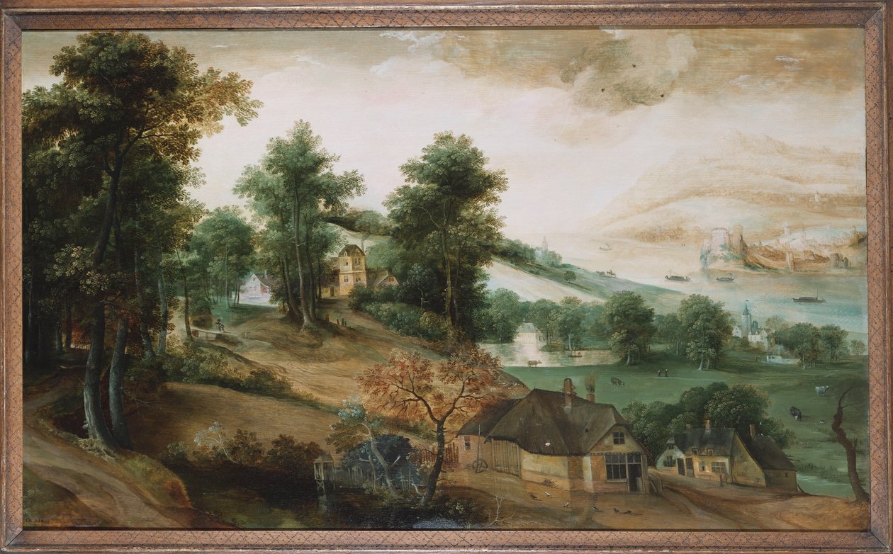 Kiterjedt táj házakkal az előtérben, 1561 alkotó: Jacob Grimmer