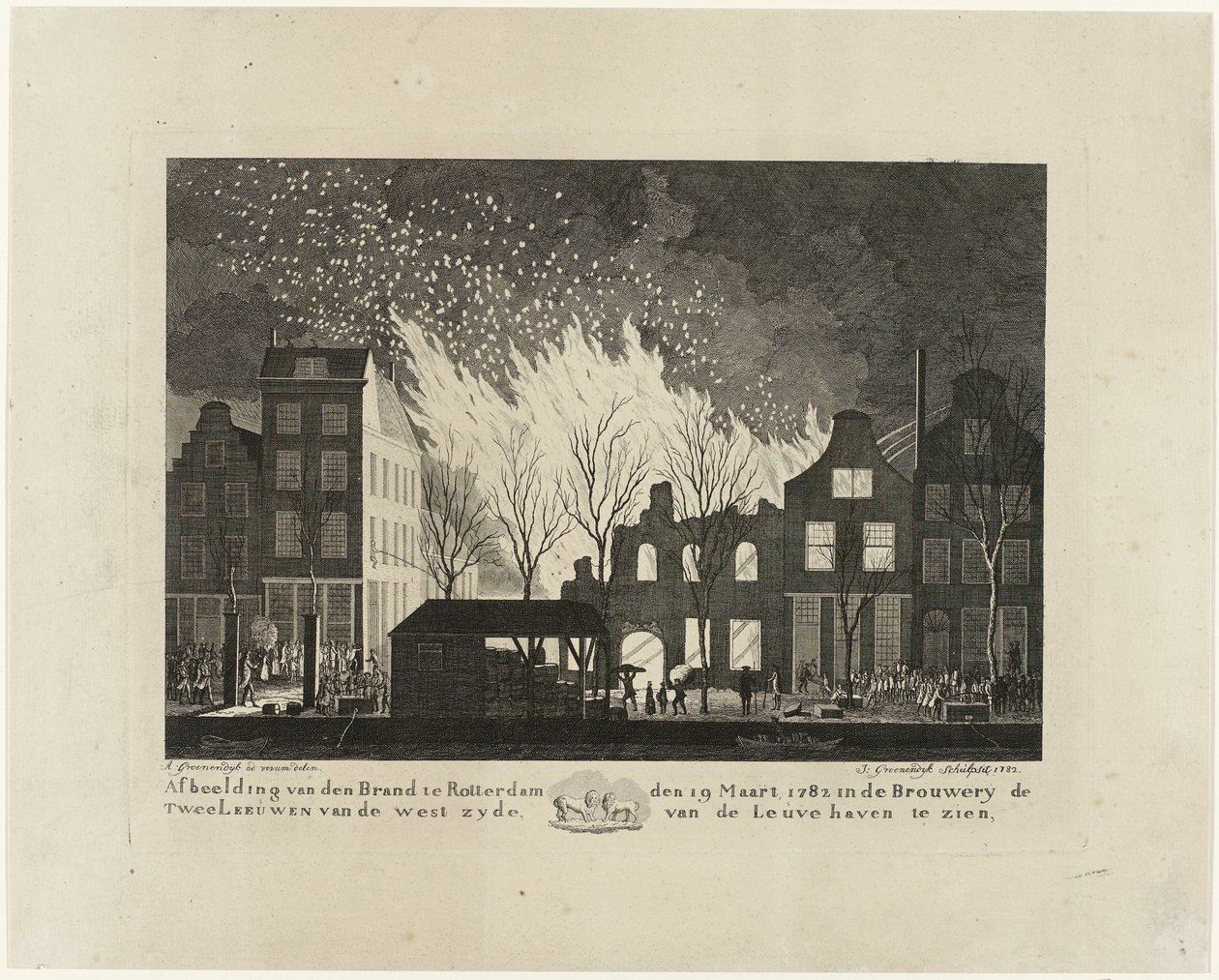Tűz a De Twee Leeuwen sörfőzdében Rotterdamban, 1782 Den Brand képe Rotterdamban 1782. március 19-én a Brouwery de Twee Leeuwenben, a Leuvehaven nyugati oldalán (cím a tárgyon) alkotó: Jacob Groenendijk