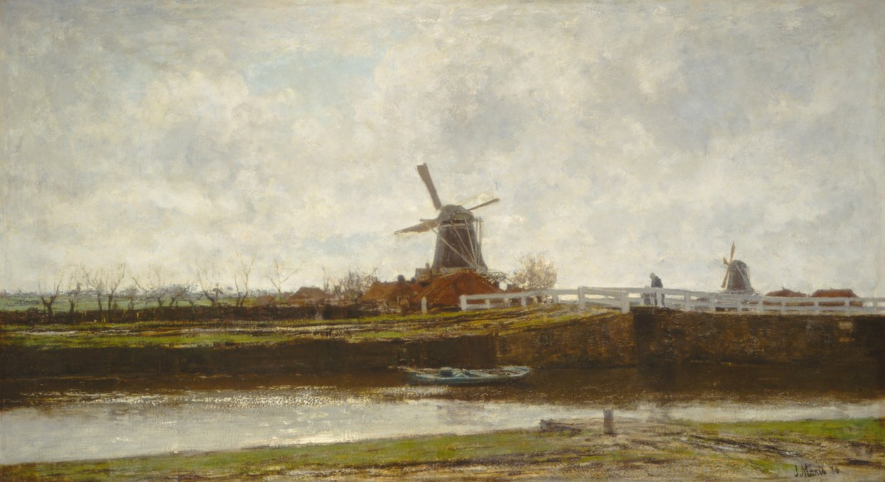 Kilátás a malomra és a hídra a Noordwest Buitensingelen Hágában, 1873. alkotó: Jacob Henricus Maris
