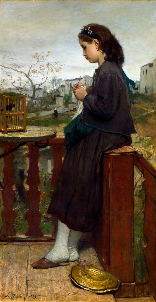 ""Fiatal lány köt egy erkélyen, Montmartre, Párizs"" (Lány köt egy erkélyen, Montmartre) Jacob Maris (1837-1899) festménye - 1869 - Olaj, vászon Mérete 110x75,7 cm Gemeentemuseum Den Haag alkotó: Jacob Henricus or Hendricus Maris
