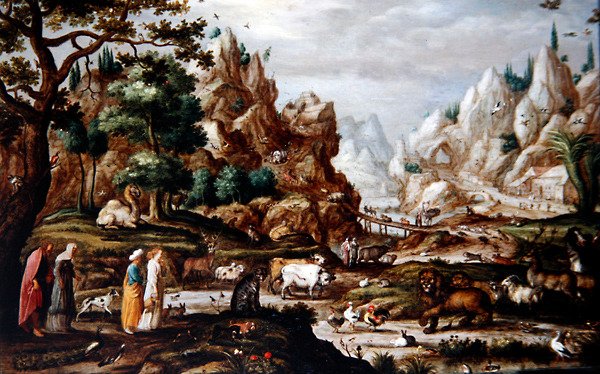 Sziklás táj Noéval és az állatokkal (olaj a panelen) alkotó: Jacob II (circle of) Savery