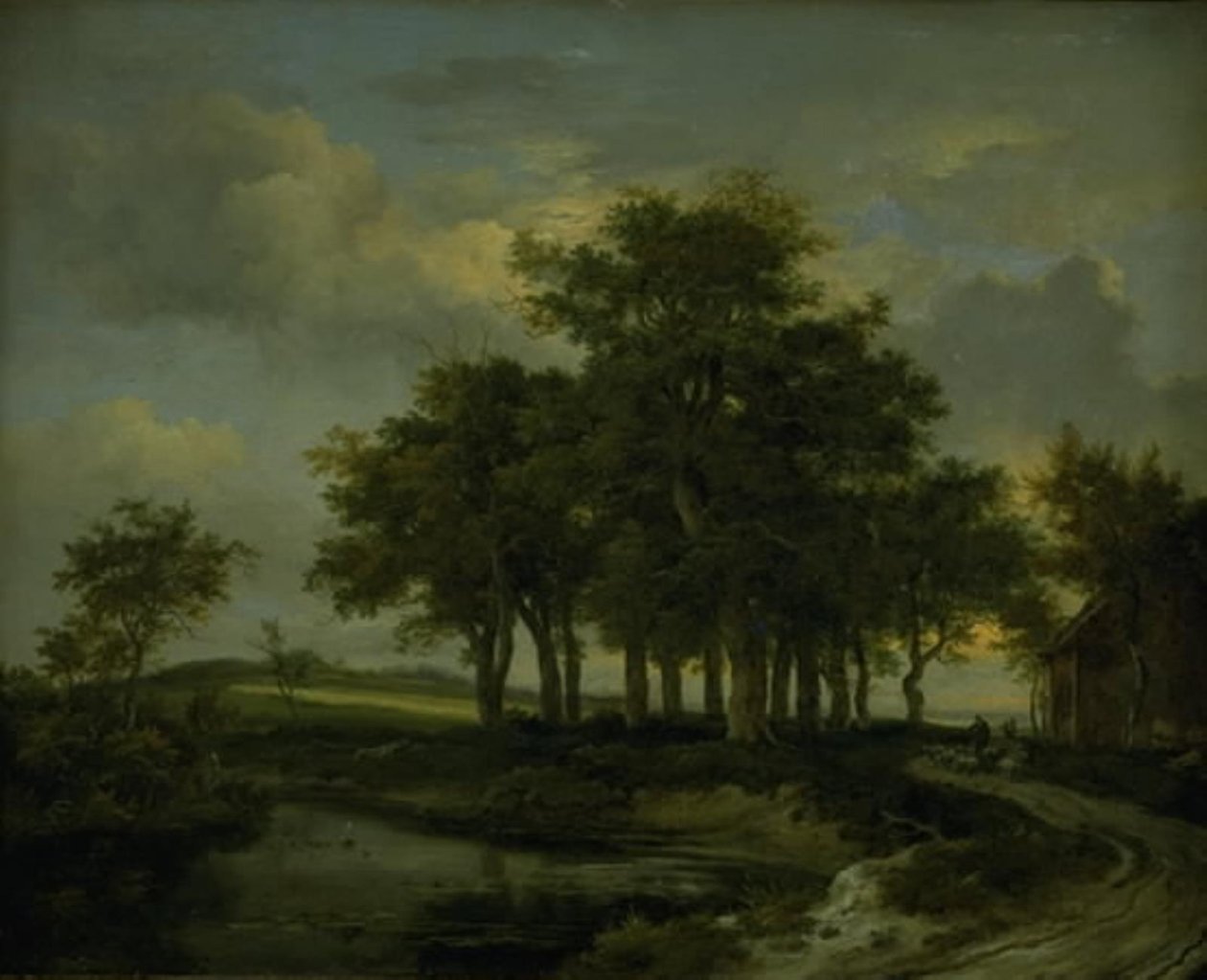 Tölgyfák egy út közelében, este alkotó: Jacob van Ruisdael