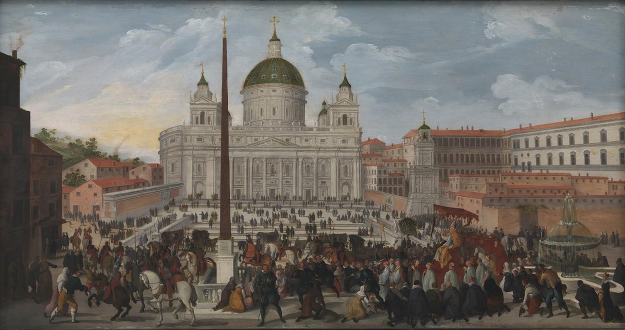 Pápai körmenet a Piazza San Pietro-n Rómában alkotó: Jacob Isaacsz. van Swanenburg