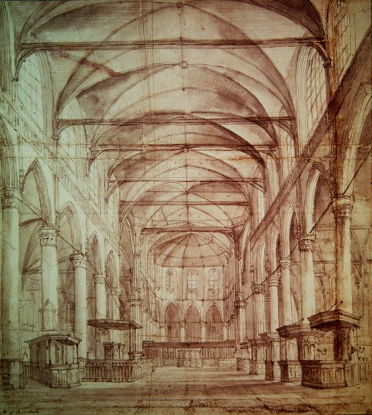 Az amszterdami Oude Kerk (a régi templom) belső képe (grafit és indiai tinta papíron) alkotó: Jacob van Ruisdael