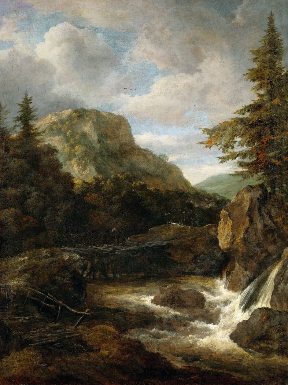 Hegyi táj vízeséssel - Jacob Isaacksz van Ruisdael (1628/29-1682). Olaj, vászon, kb 1675. Mérete: 62,5x45,5 cm. Művészettörténeti Múzeum, Vienne alkotó: Jacob van Ruisdael