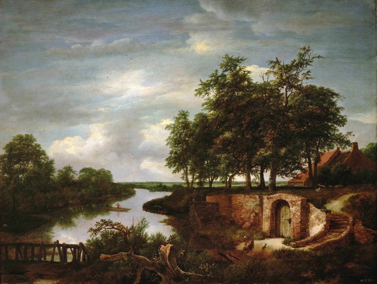 Folyói táj pincebejárattal - Jacob Isaacksz van Ruisdael (1628/29-1682). olaj a fára alkotó: Jacob van Ruisdael