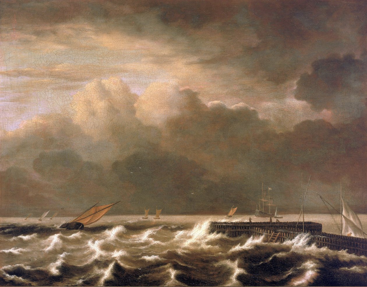 Viharos tenger csap át a mólón, a viharban elkapott kis halászhajókkal. Jacob Isaakszoon van Ruisdael (Ruysdael) (1628-1682) olaj, vászon. alkotó: Jacob Isaakszoon van Ruysdael