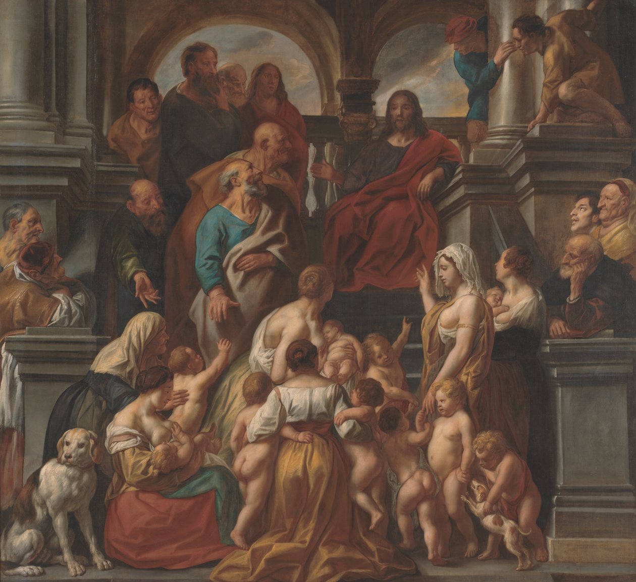 Krisztus áldása kisgyermekek. Engedjétek, hogy kisgyermekek hozzám jöjjenek alkotó: Jacob Jordaens