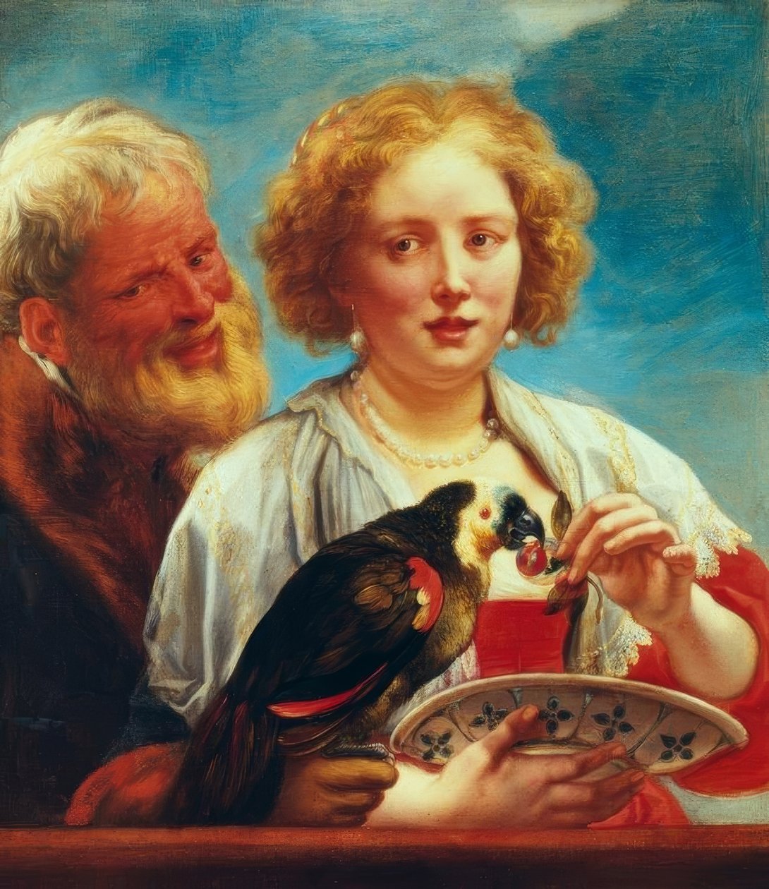 Egy fiatal nő egy idős férfival és egy papagájjal alkotó: Jacob Jordaens