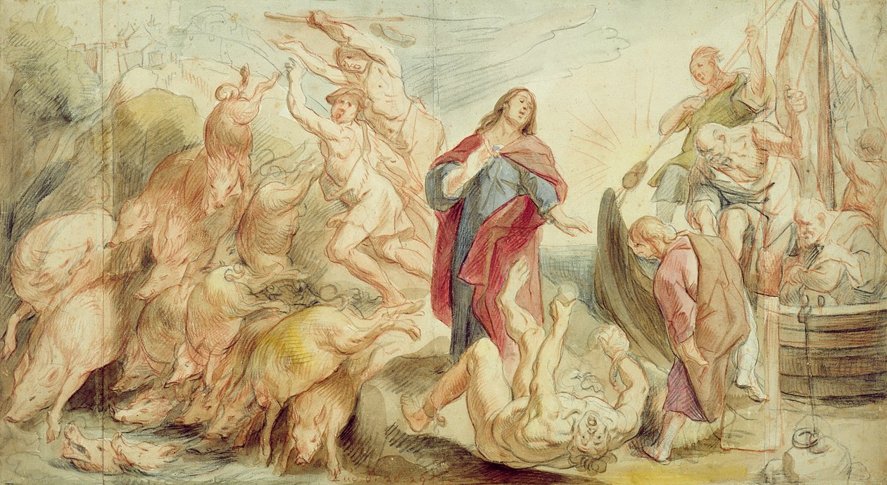 Jézus elűzi az ördögöt a megszállottaktól (kréta és wc papíron) alkotó: Jacob Jordaens