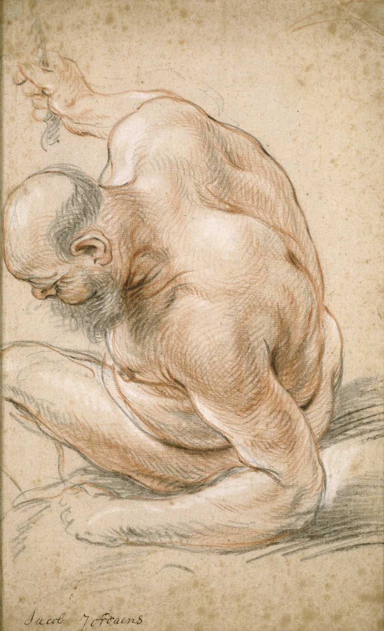 Meztelen öregember ül, alkarjára támaszkodva, balra néz, 1640 körül alkotó: Jacob Jordaens