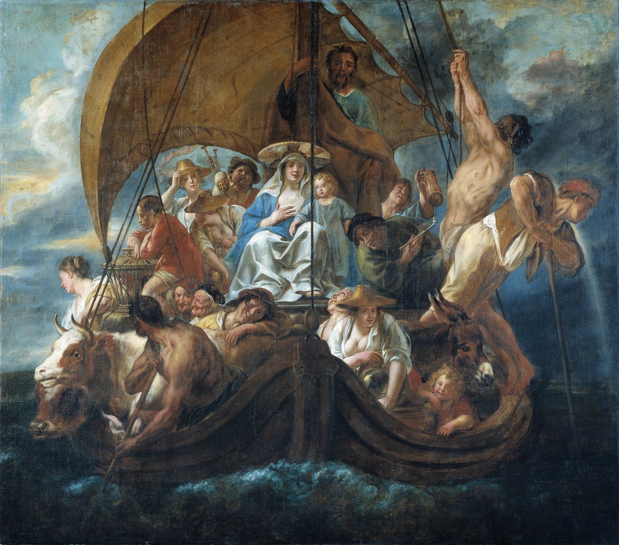A Szent Család különböző személyekkel és állatokkal egy csónakban alkotó: Jacob Jordaens