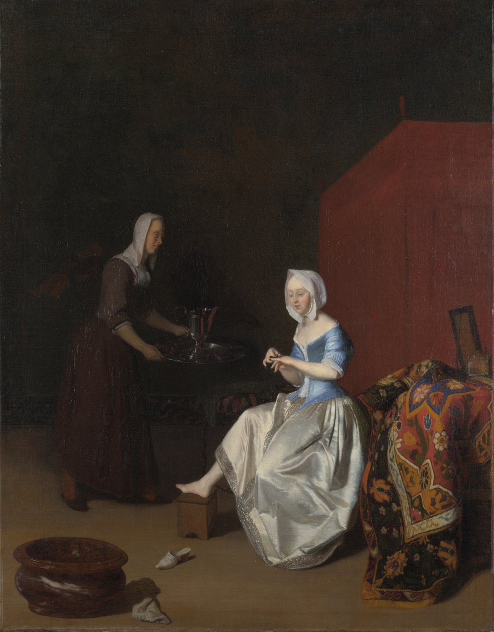 Egy fiatal hölgy körmét nyírja, egy szolgálólány kíséretében, c. 1670 alkotó: Jacob Lucasz. Ochtervelt