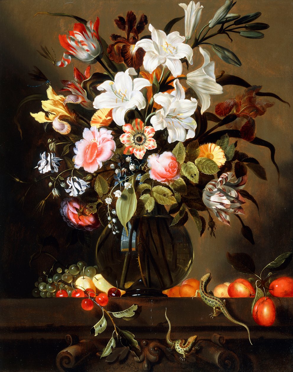 Virágcsokor gyümölccsel és két homokgyíkkal egy kőpárkányon, 1647 alkotó: Jacob Marrel
