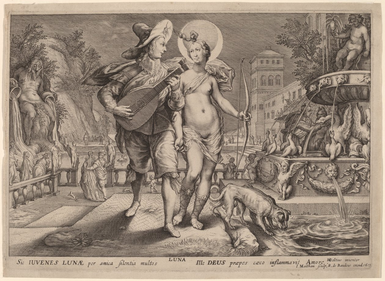 Diana mint Luna, aki egy fiatal férfit kísér szerenádon alkotó: Jacob Matham, after Hendrik Goltzius