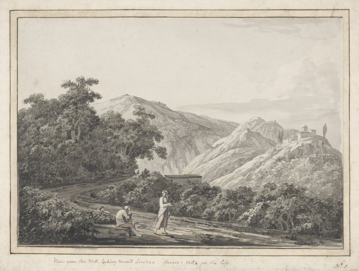 Kilátás a malom közelében, Licenza felé: Horaces Villa a bal oldalon, 1783 (szürke mosás tollal és fekete tintával a papíron) alkotó: Jacob More