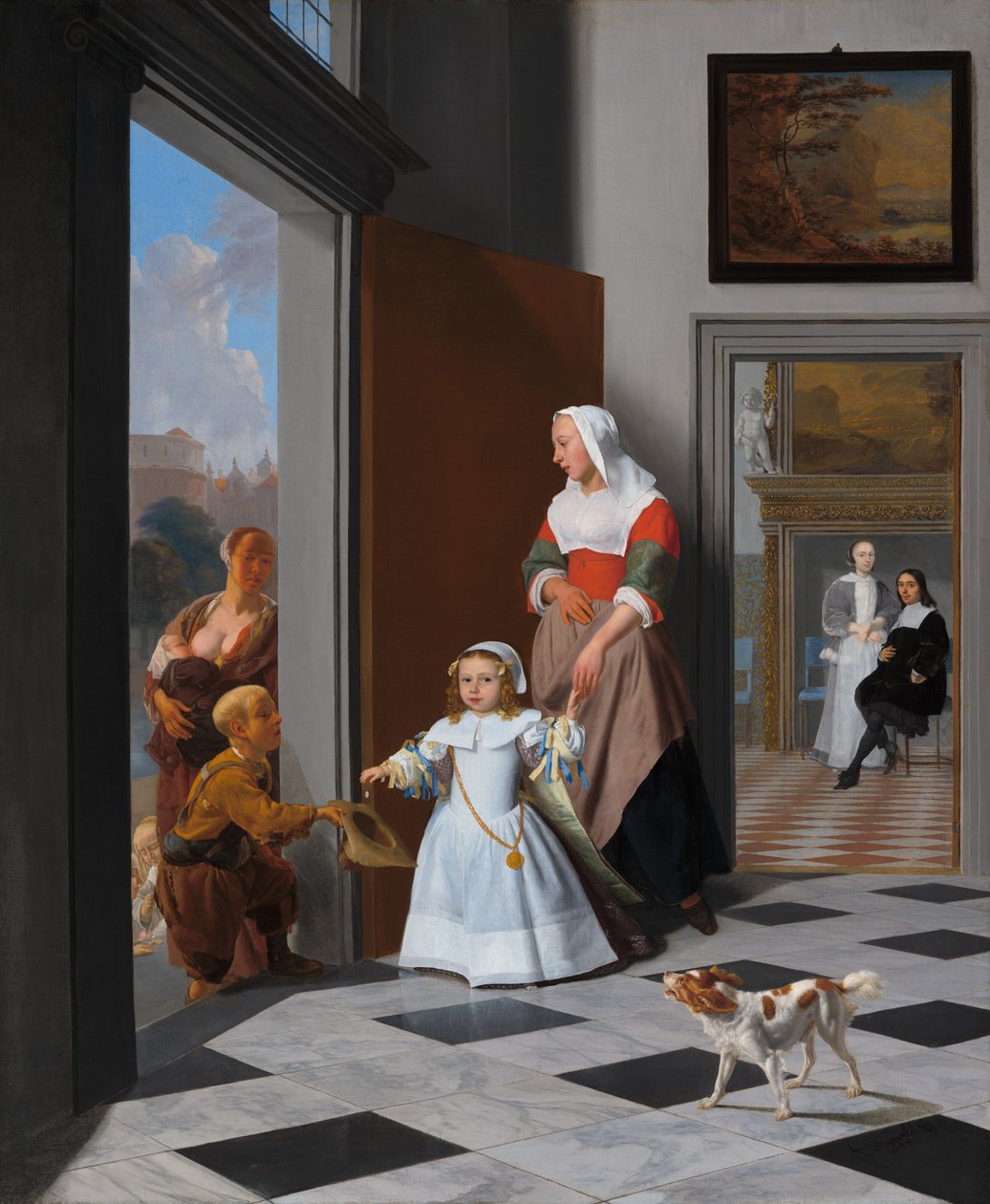 Egy nővér és egy gyerek egy elegáns előtérben, 1663. alkotó: Jacob Lucasz Ochtervelt