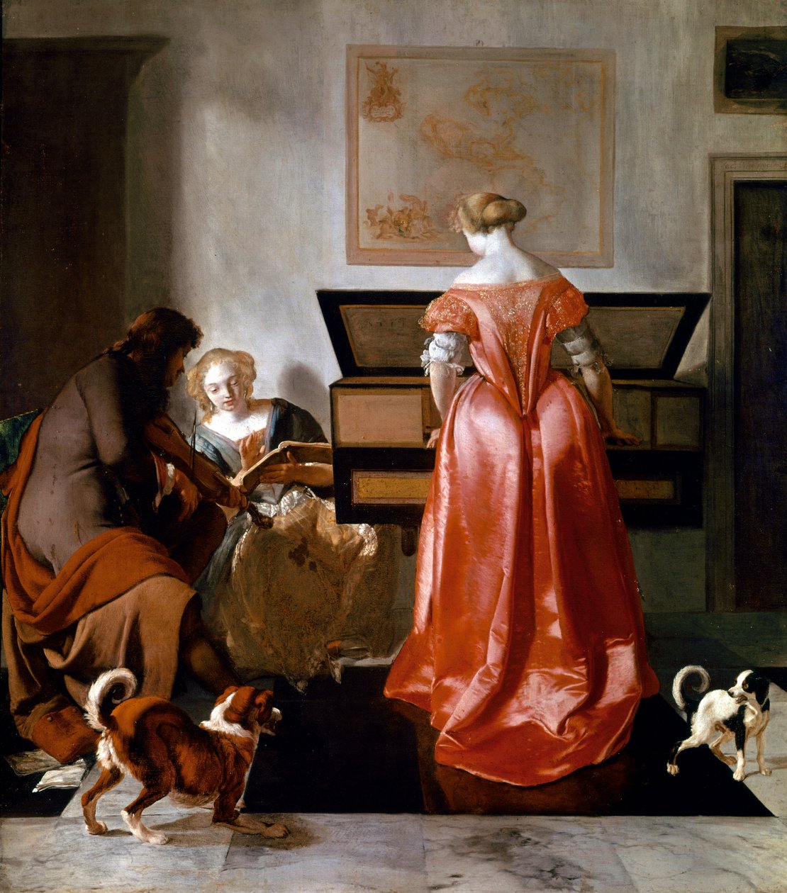 Egy nő szűcsöt játszik, egy másik énekel, egy férfi pedig hegedül. 1675-1682. (olaj, vászon) alkotó: Jacob Ochtervelt