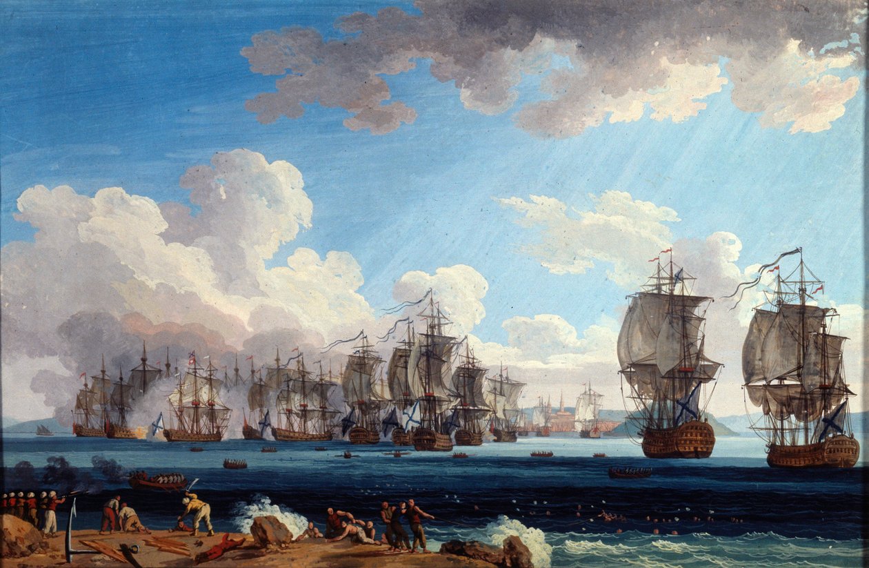 „A chesmai tengeri csata 1770. július 5-én”, 18. század. alkotó: Jacob Philip Hackert