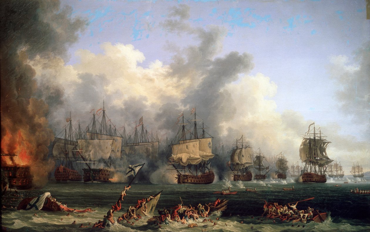 A St. Evstafius orosz csatahajó elsüllyedése a cseszmai tengeri csatában, 1771. alkotó: Jacob Philipp Hackert