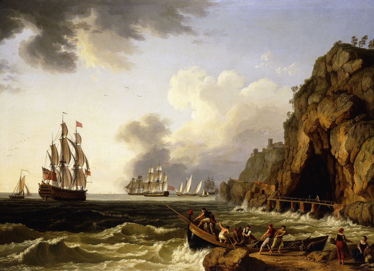 Kilátás a tengerpartra Nápoly közelében, a Brit Királyi Haditengerészet háromszintes hajójával, amely a Vörös Altengernagy zászlaját lobogtatja, 1777 alkotó: Jacob Philippe Hackert