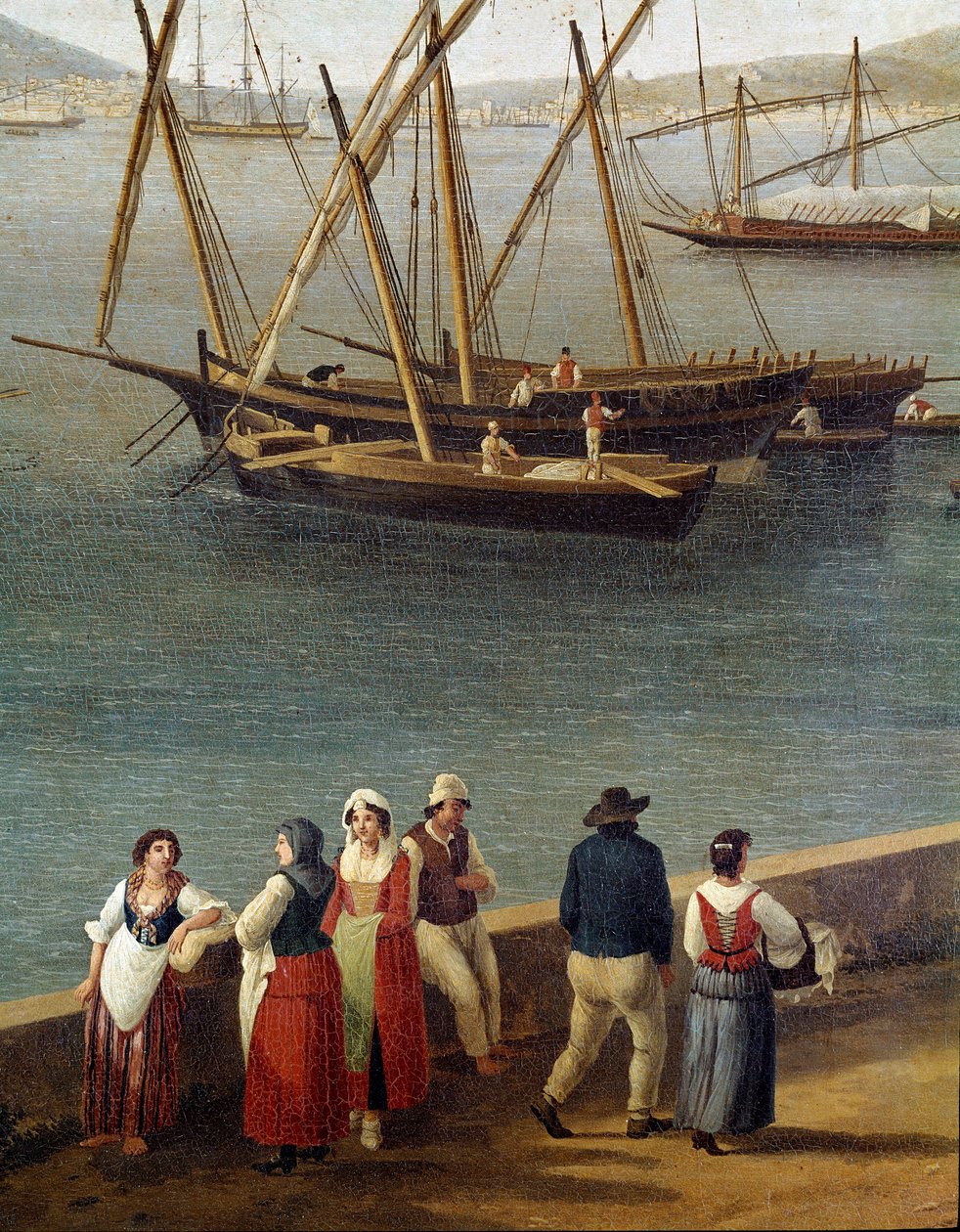 Embercsoportok Gaeta (Gaete) kikötőjének dokkján (Emberek a Gaeta kikötő dokkjain) Részlet - Jacob Philipp Hackert festménye Hackert d