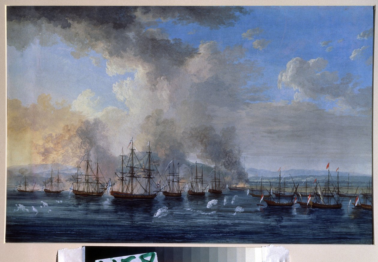 Orosz-oszmán háború: ""The Naval Battle of Damietta on 1770"" (The Naval Battle of Damietta on 1770) Szembeszállt II. Katalin Oroszországának flottáival és az Oszmán Birodalommal (Orloff forradalma vagy az Orloff testvérek expedíciója). Festék alkotó: Jacob Philippe Hackert