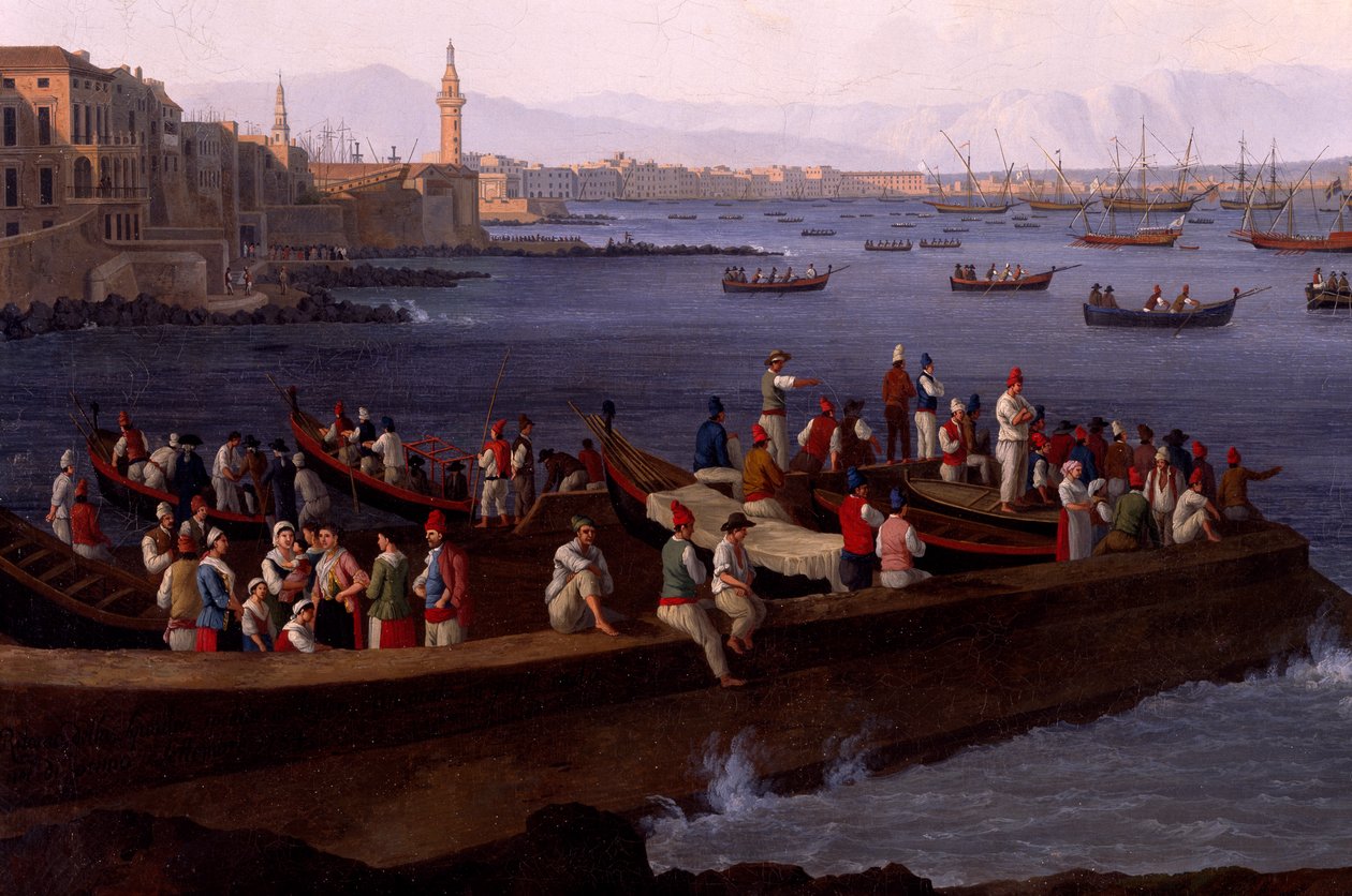 A Nápolyi-öböl Santa Lucia közelében az Algírból visszatérő haditengerészeti flottákat mutatja be alkotó: Jacob Philippe Hackert