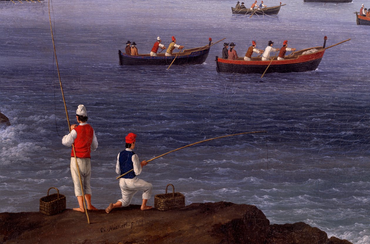 A Nápolyi-öböl Santa Lucia közelében az Algírból visszatérő haditengerészeti flottákat mutatja be alkotó: Jacob Philippe Hackert