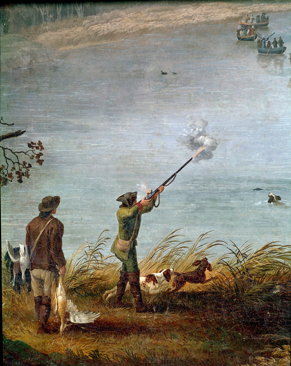 A két szicíliai I. Ferdinánd (vagy IV. Nápolyi Ferdinánd) szárcsavadászata (1751-1825) a Fusaro-tavon Nápoly mellett, Olaszország (IV. Ferdinánd szárcsa vadászata a Fusaro-tavon) Részlet – Jacob Philipp Hackert festménye dit Hackert d