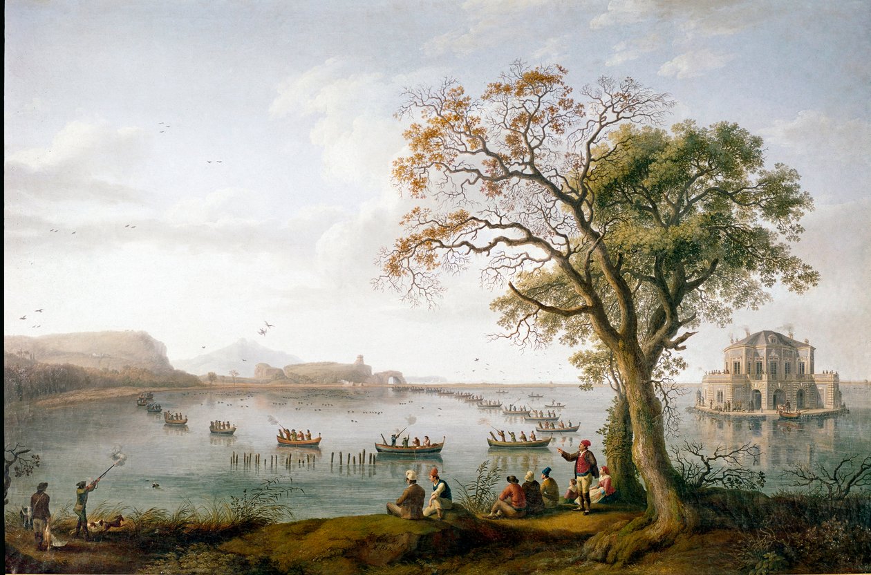 A két szicíliai I. Ferdinánd szárcsavadászata a Fusaro-tónál Nápoly közelében, Olaszországban alkotó: Jacob Philippe Hackert