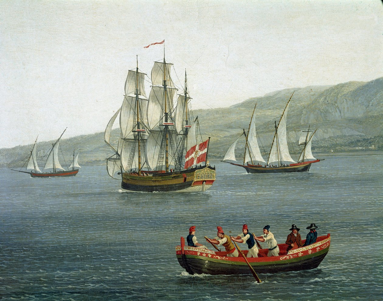 Hajók képe a Messina-i Detroitban, Reggio Calabria, Olaszország - (Hajók Messina egyenesében Reggio Calabria és Szicília között) Jacob Philipp Hackert részletfestménye Hackert d