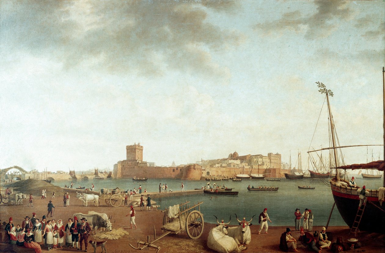 Kilátás Taranto kikötőjére (festmény alkotó: Jacob Philippe Hackert