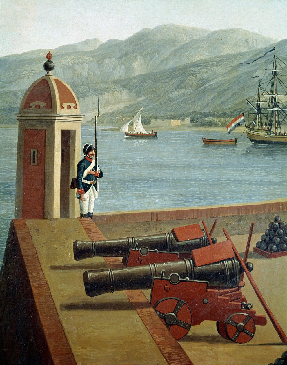Reggio Calabria kikötő katonai erődítményeinek képe (Reggio Calabria katonai erődítményeinek képe) Őrség és kanonok részlete (ágyúk és őrség) - Jacob Philipp Hackert festménye dit Hackert d