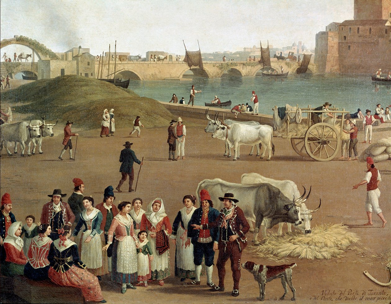 Kilátás a Taranto kikötőre, a kereskedelmi tevékenységek részlete, a munkások és a hagyományos öltözetű emberek (Festészet alkotó: Jacob Philippe Hackert
