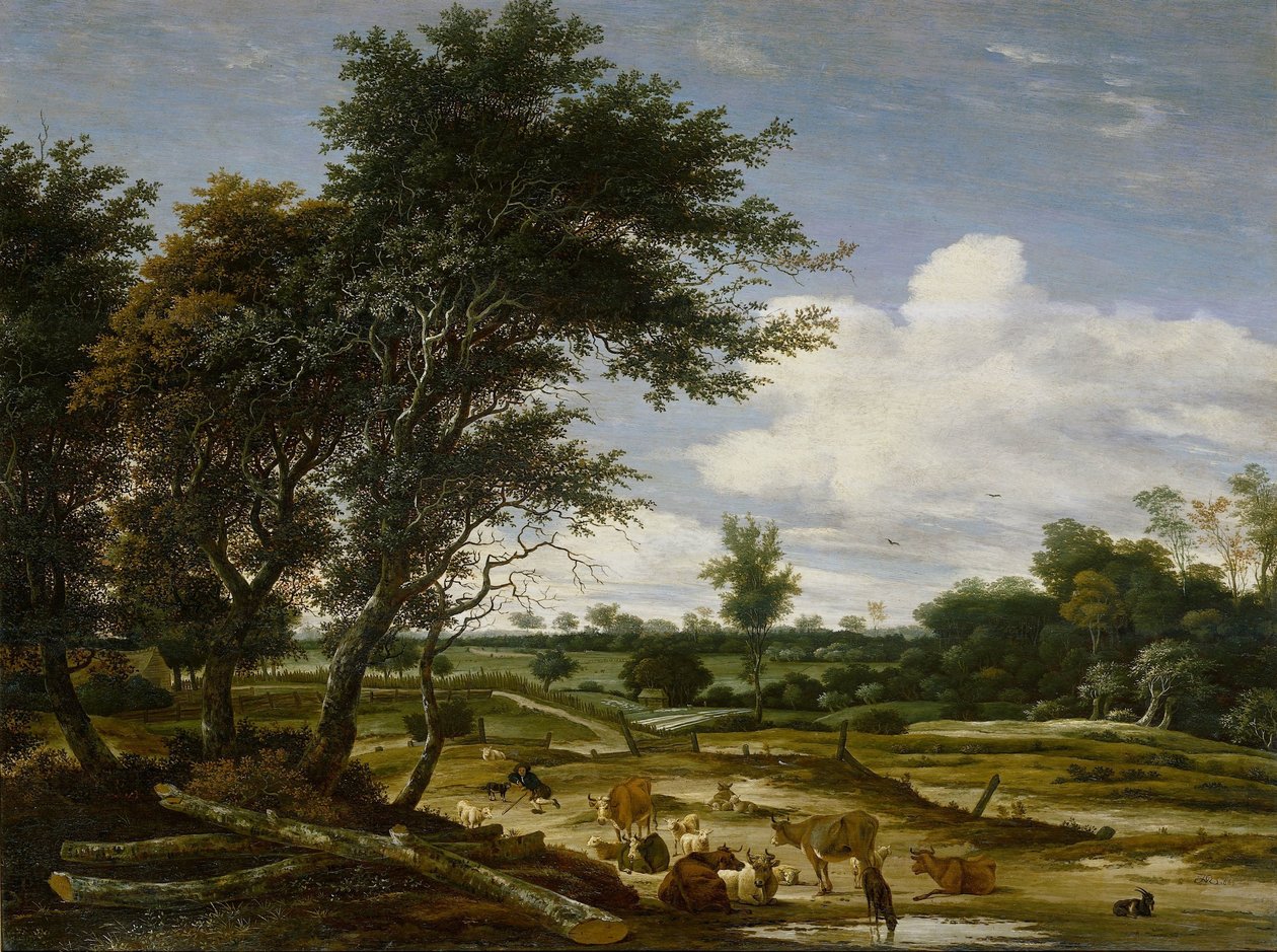 Táj pásztorokkal és szarvasmarhákkal alkotó: Jacob Salomonsz. van Ruysdael