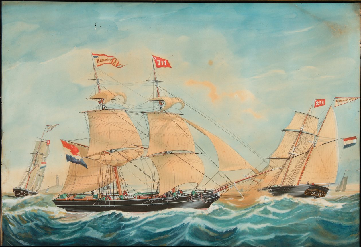 A Hendrika Bartina és a Johanna Hendrika a part közelében vitorláznak, 1852 alkotó: Jacob Spin