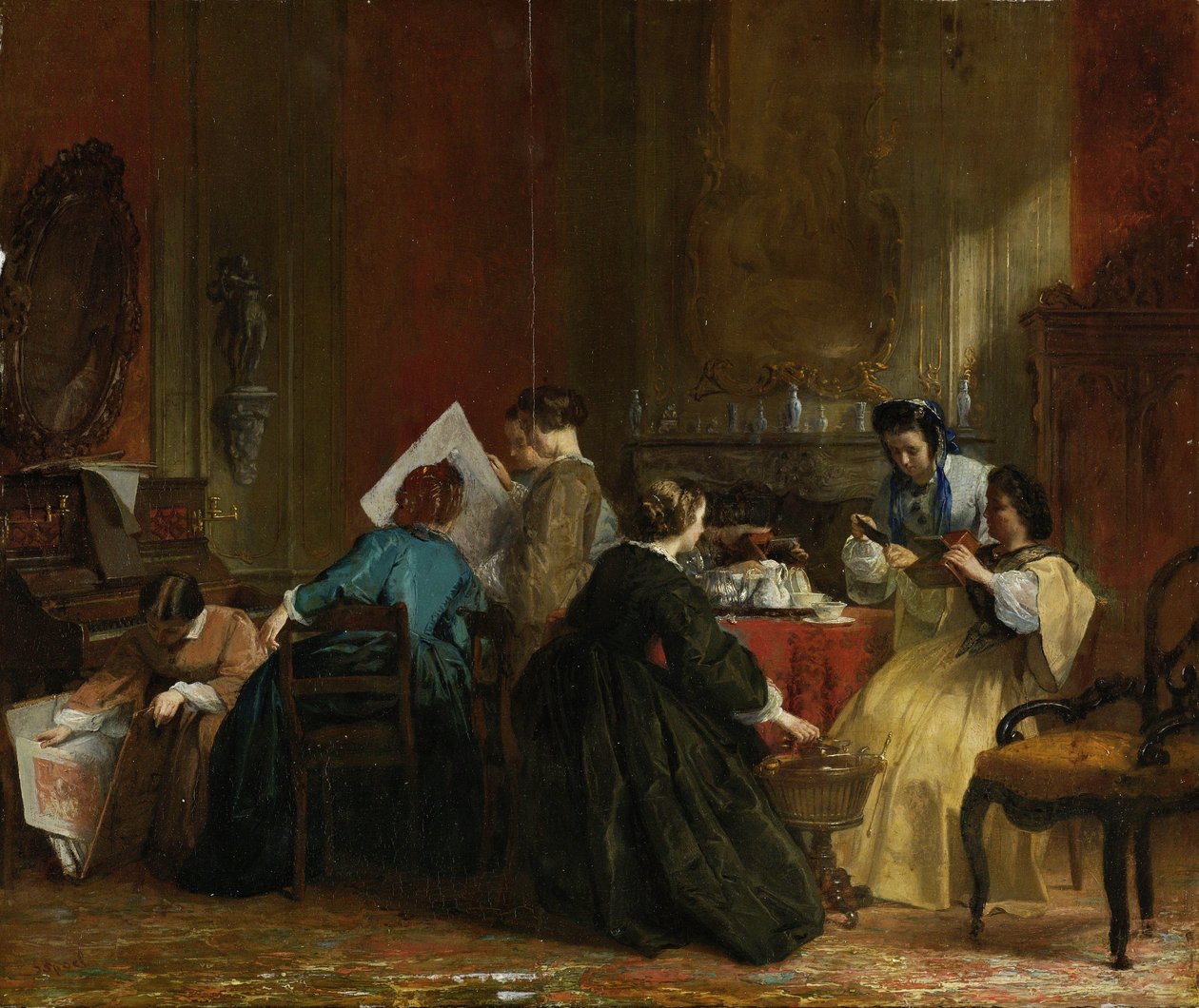 Nők csoportja sztereoszkópikus fényképeket nézeget, 1868 körül (olaj, panel) alkotó: Jacob Spoel