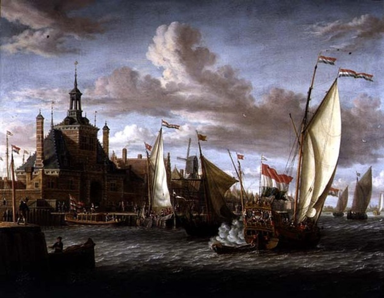 A Zeeland States Yacht Firing a Salute off the Dude Hoofdpoort, Rotterdam (olaj, vászon) alkotó: Jacob Storck
