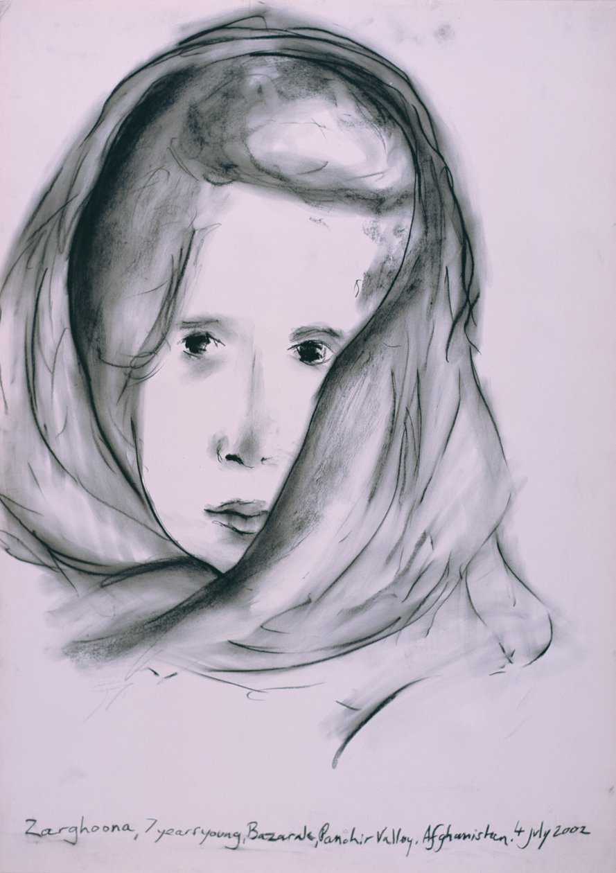 Zarghoona, Panshir Valley, Afganisztán, 2002. július 4. (faszén papíron) alkotó: Jacob Sutton