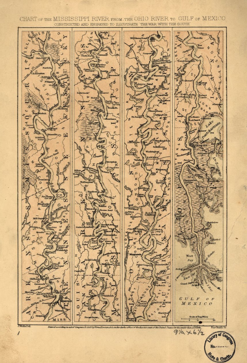 A Mississippi folyó térképe az Ohio folyótól a Mexikói-öbölig LOC 99447139 alkotó: Jacob Wells
