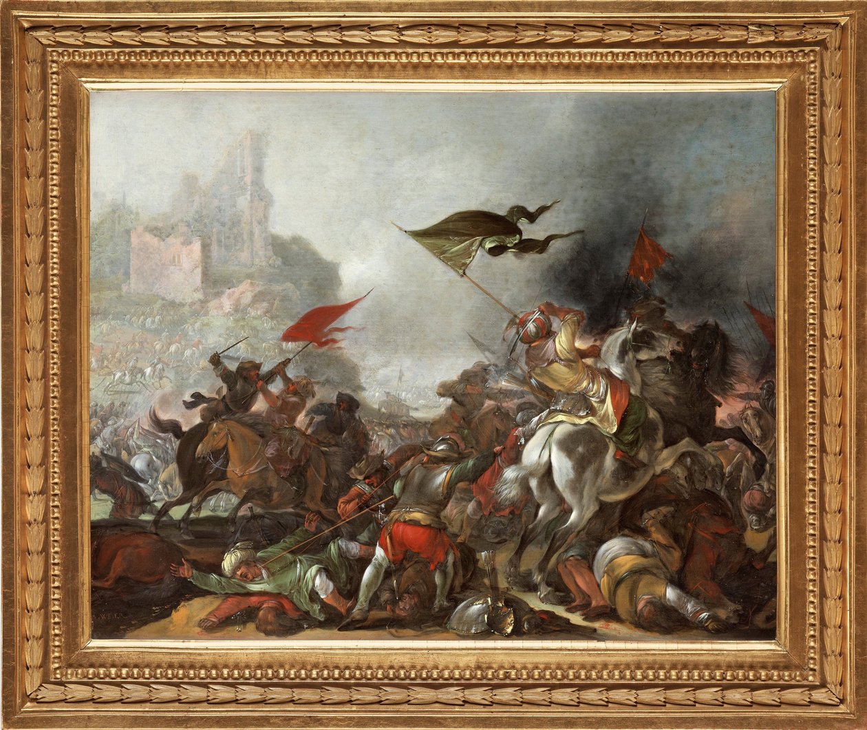 Törökök és keresztények harca Konstantinápoly oszmán hadsereg általi elfoglalásakor 1453-ban - Jacob Matthias Weyer (1620-1670) festménye, olaj, fa (39x49 cm) - A török ​​háború, Jacob Matthias Weyer olaj fára - Magángyűjtemény alkotó: Jacob Weyer