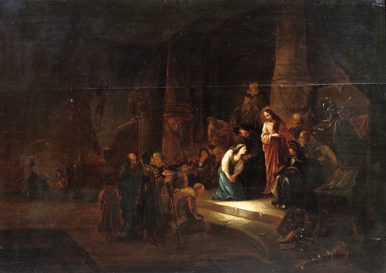 Krisztus és a házasságtörésen elfogott nő (olaj a táblán) alkotó: Jacob Willemsz de (workshop of) Wet or Wett