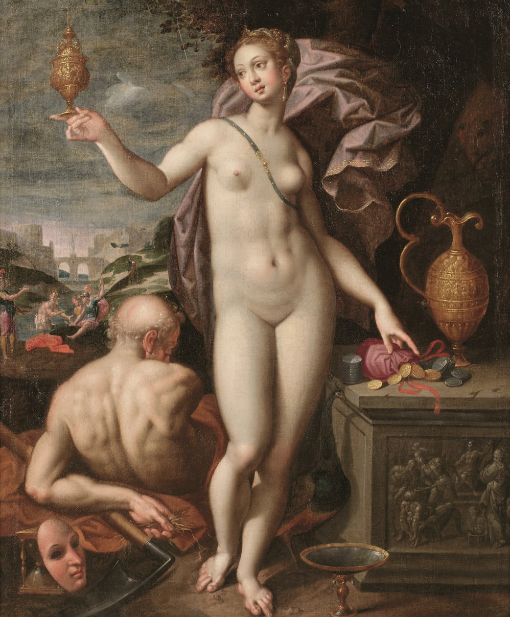 Juno kezében egy aranyedény és egy pénzeszsák (olaj, vászon) alkotó: Jacob de (studio of) Backer