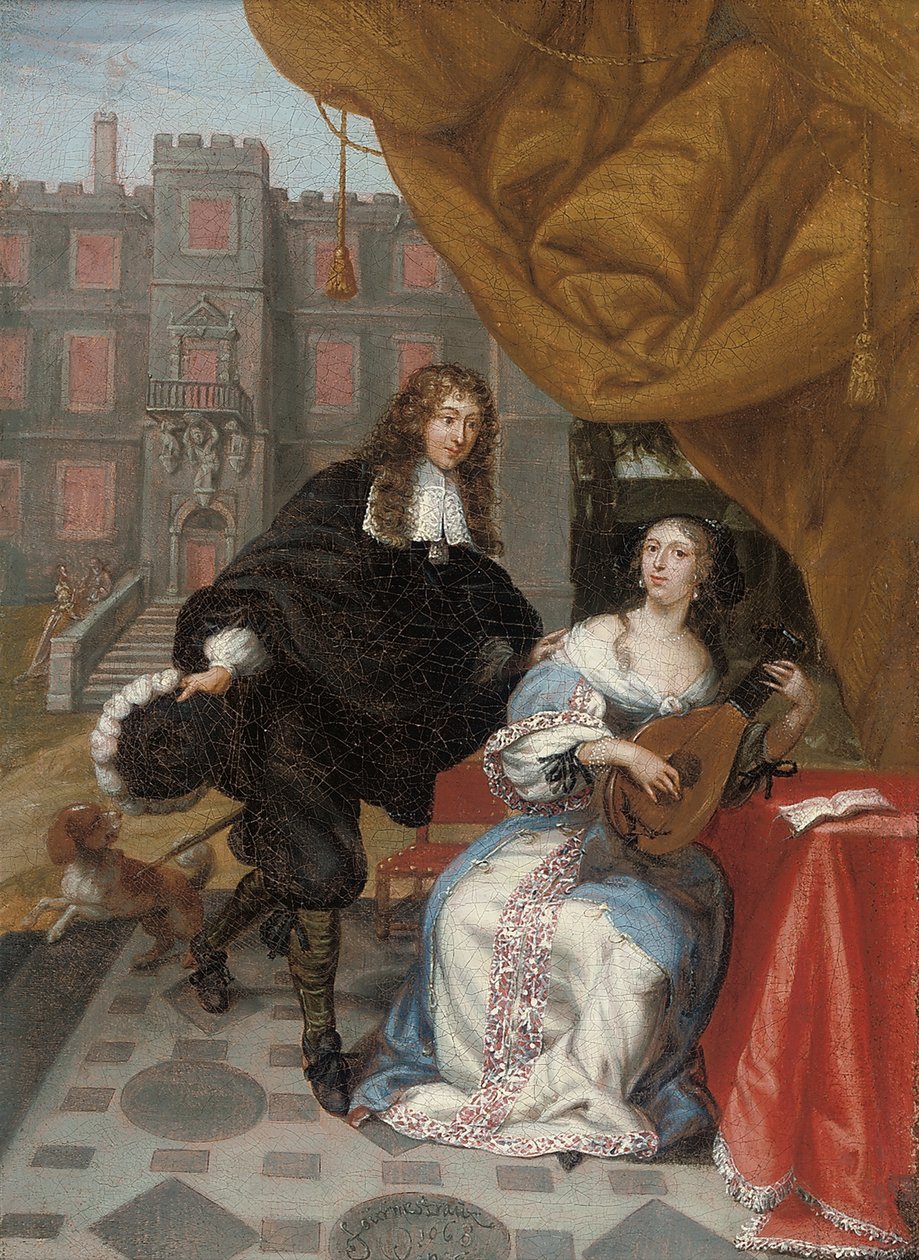 Egy udvarban muzsikáló hölgynek udvarol úriember, 1668 alkotó: Jacob de Fourmentrou