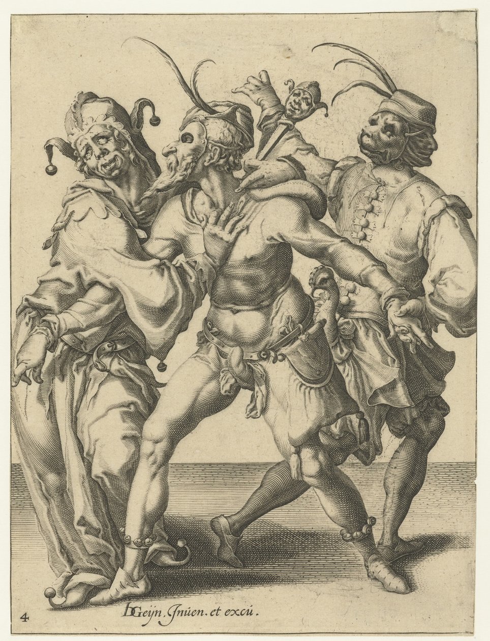 Három táncoló férfi The Masquerades (sorozat címe) alkotó: Jacob de Gheyn (II) (workshop of)