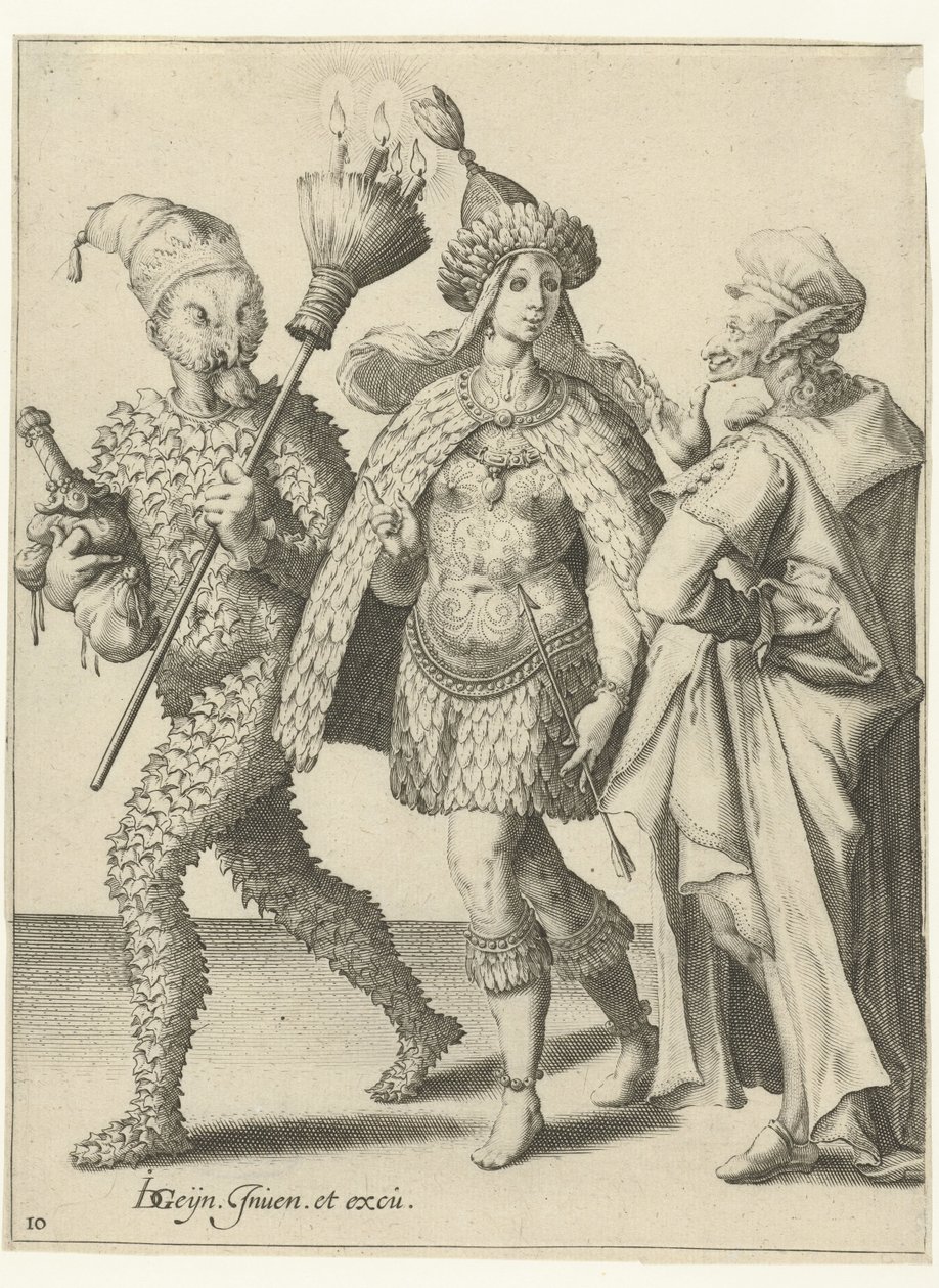 Három álarcos figura, egyikük seprűvel, amibe gyertyákat szúrnak The Masquerades (sorozat címe) alkotó: Jacob de Gheyn (II) (workshop of)