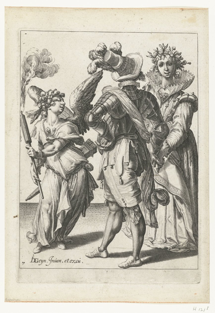 Egy bekötött szemű Ámor fáklyával egy ünnepi ruhás házaspár előtt The Masquerades (sorozat címe) alkotó: Jacob de Gheyn (II) (workshop of)