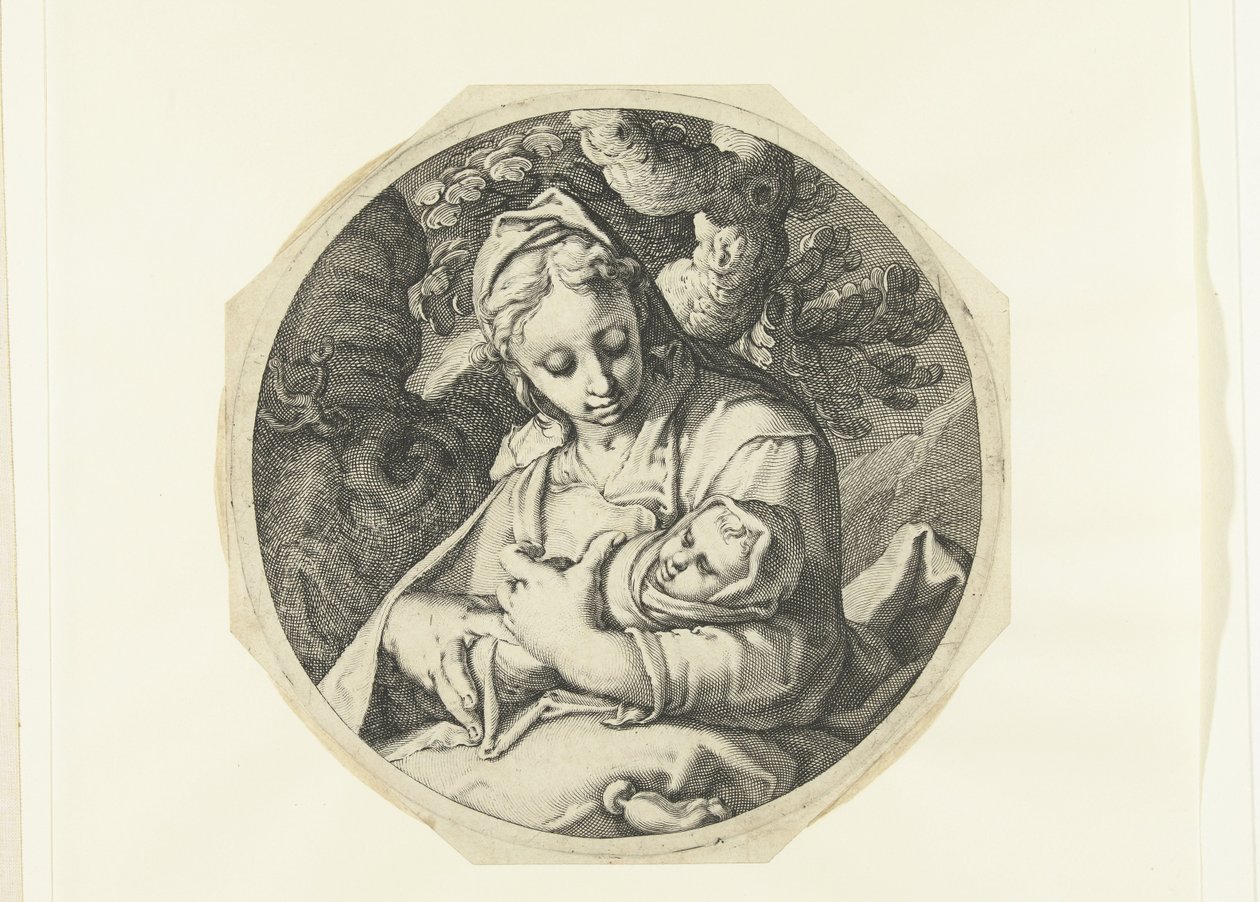Mária gyermek Krisztussal Mária gyermek Krisztussal és József asztalos szerszámokkal (sorozat címe) alkotó: Jacob de Gheyn (II) (workshop of)