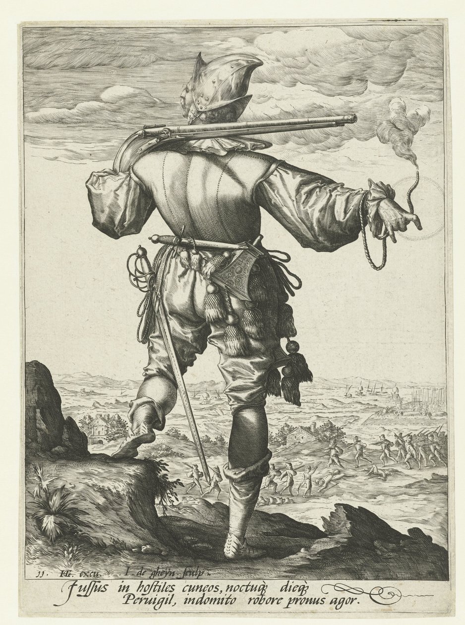 Muskétás (harquebusier?) sisakkal Tisztek és katonák (sorozat címe) alkotó: Jacob de Gheyn (II)
